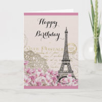 Tour Eiffel vintage avec fleurs roses Joyeux Anniv
