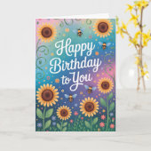 Carte Tournesol coloré et abeille Joyeux anniversaire (Fleur jaune)