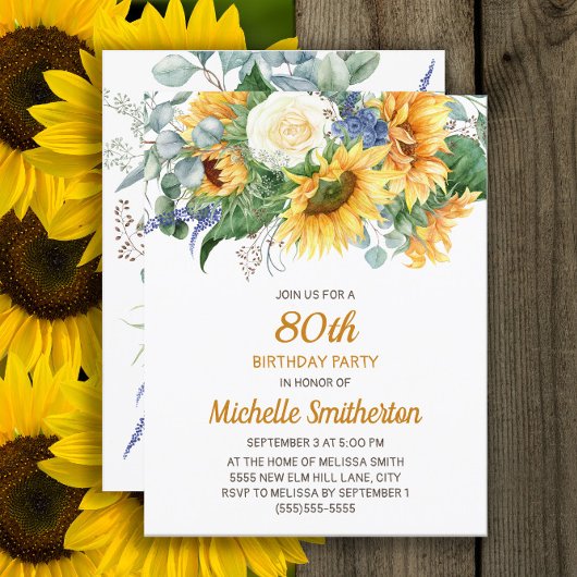 Carte Tournesol Eucalyptus Floral 80e anniversaire