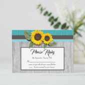 Carte Tournesol Mariage rustique Turquoise en bois gris (Debout devant)