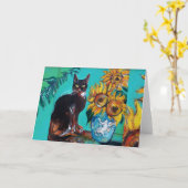CARTE TOURNESOLS AVEC CHAT NOIR EN BLEU TURQUOISE (Fleur jaune)