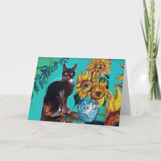 CARTE TOURNESOLS AVEC CHAT NOIR EN BLEU TURQUOISE (Devant)