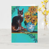 CARTE TOURNESOLS AVEC CHAT NOIR EN TURQUOISE BLEU (Fleur jaune)