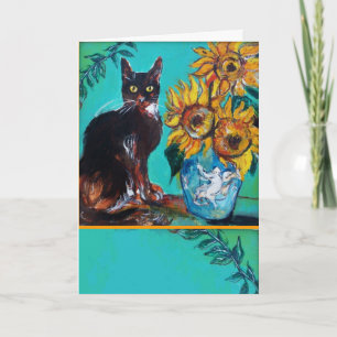 CARTE TOURNESOLS AVEC CHAT NOIR EN TURQUOISE BLEU