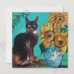 Carte TOURNESOLS ET CHAT NOIR EN BLEU SARCELLE Fête d'ét