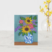 Carte Tournesols & Lilacs en Vase Bleu & Blanc (Fleur jaune)