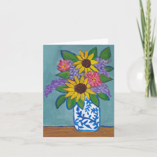 Carte Tournesols & Lilacs en Vase Bleu & Blanc