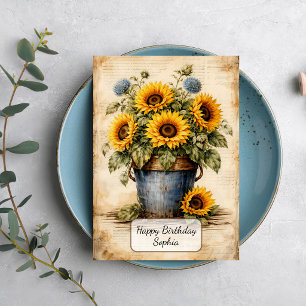 Carte Tournesols vintage dans un seau rustique