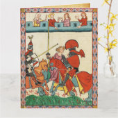CARTE TOURNOI MÉDIÉVAL, CHEVALIERS À CHEVAL ET DAMES (Fleur jaune)