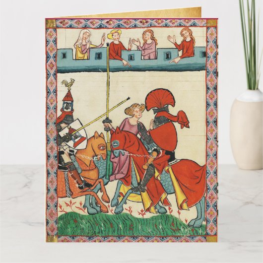 CARTE TOURNOI MÉDIÉVAL, CHEVALIERS À CHEVAL ET DAMES (Devant)