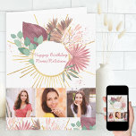 Carte Tout âge 3 photo Collage personnalisé Boho Anniver<br><div class="desc">Carte d'anniversaire Boho pour n'importe quel âge, personnalisée avec votre nom / relation et 3 de vos photos préférées. Ce design féminin et moderne présente une pelouse de pampas et des feuilles d'eucalyptus avec un cadre doré radieux. Le modèle photo est prêt pour vous à ajouter 3 images, qui sont...</div>