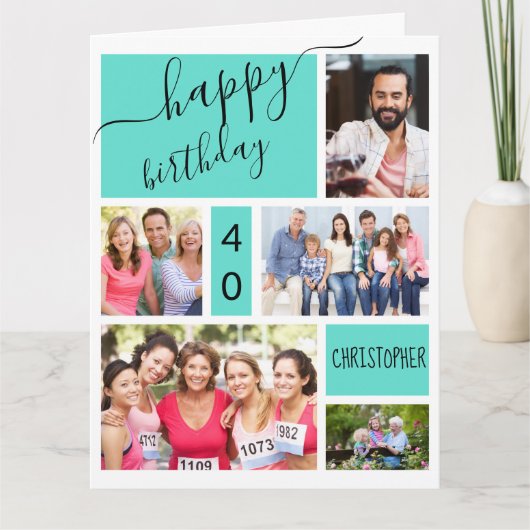 Carte Tout Age 5 Photo Collage Turquoise Personnalisé An (Devant)