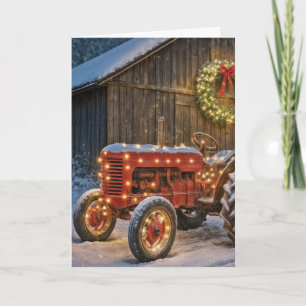 Carte Tracteur agricole rouge de Noël avec couronne lumi