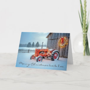 Carte Tracteur agricole rouge de Noël dans la neige