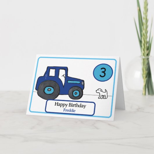 Carte tracteur bleu & chien 3e anniversaire (Devant)