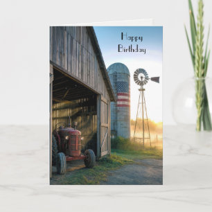 Carte Tracteur vintage d'anniversaire avec moulin à vent