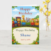 Carte Train d'animaux de la forêt Joyeux Anniversaire (Fleur jaune)