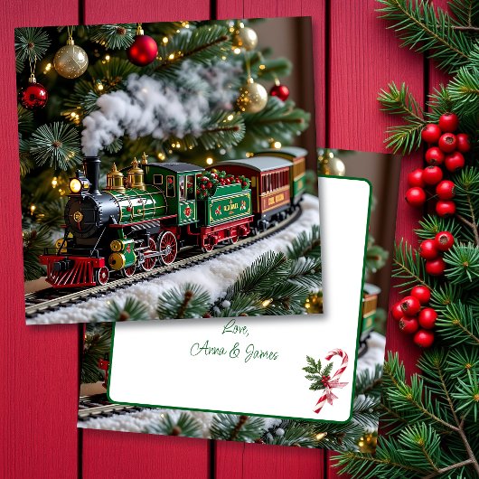 Carte Train de Noël à l'ancienne sous l'arbre