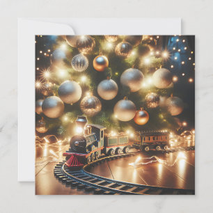 Carte Train de Noël doré à l'ancienne sous l'arbre