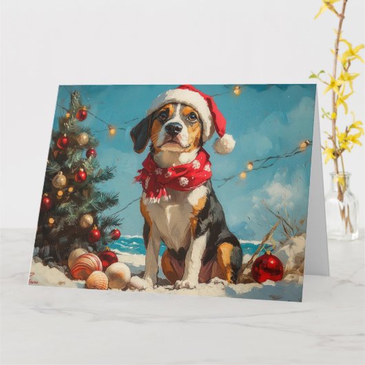 Carte Treeing Walker Coonhound Noël Vintage Plage (Fleur jaune)