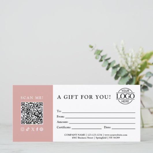 Carte Trendy Gift Certificate | Business Logo & QR Code (Debout devant)