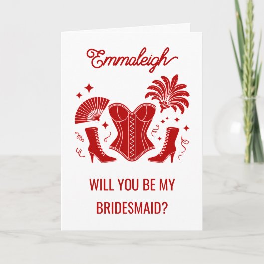 Carte Trendy Red Las Vegas Showgirl Bridesmaid Proposal (Devant)