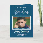 Carte Très spécial Grandson photo océan bleu anniversair<br><div class="desc">À un petit-fils très spécial. Joyeux anniversaire. Ajoutez un nom et une photo. bleu océan et blanc.</div>