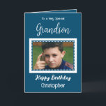 Carte Très spécial Grandson photo océan bleu anniversair<br><div class="desc">À un petit-fils très spécial. Joyeux anniversaire. Ajoutez un nom et une photo. bleu océan et blanc.</div>