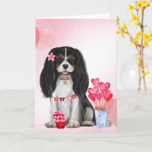 Carte Tri Couleur Cavalier King Charles Spaniel Valentin (Fleur jaune)