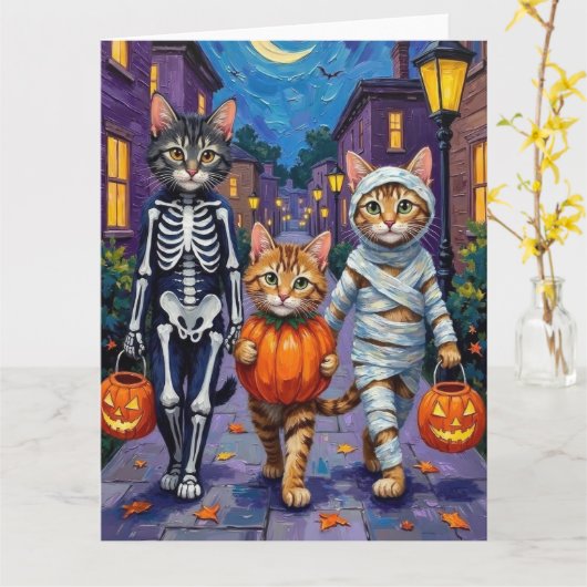 Carte Trick ou traitement de chats de Maine Coon à Hallo (Fleur jaune)