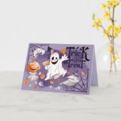 Carte Trick ou Treat. Fun Ghost, Fille Citrouille, Corbe (Fleur jaune)