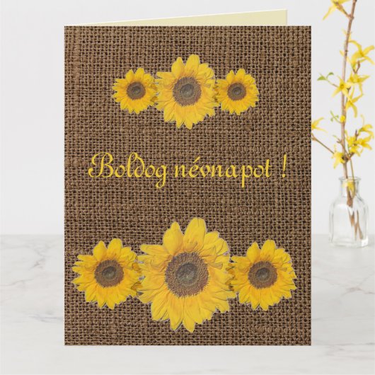 Carte Trio de tournesol en burlap- nom jour (Fleur jaune)