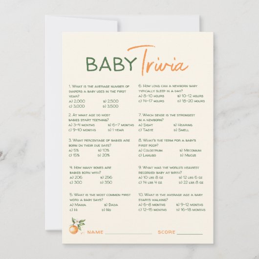 Carte Trivia du Baby shower Orange Citrus Little C (Devant)