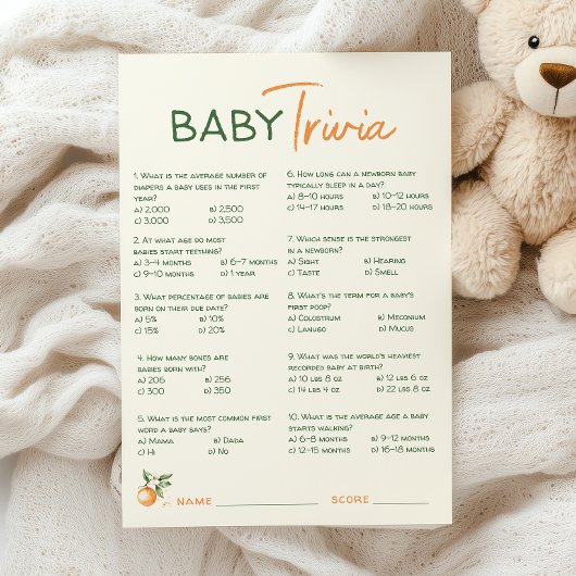 Carte Trivia du Baby shower Orange Citrus Little C