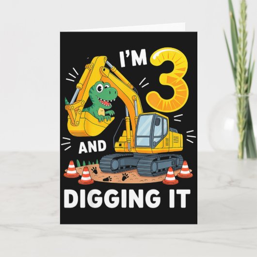 Carte Trois 3 ans 3e anniversaire construction dinosaure (Devant)