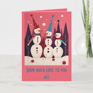 Carte Trois bonshommes de neige thème rose Kitschmas