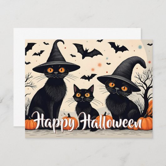 Carte Trois chats noirs avec Casquettes à l'Halloween (Devant / Derrière)