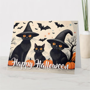 Carte Trois chats noirs avec des chapeaux à Halloween