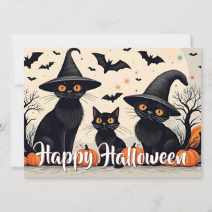 Carte Trois chats noirs avec des chapeaux pour Halloween
