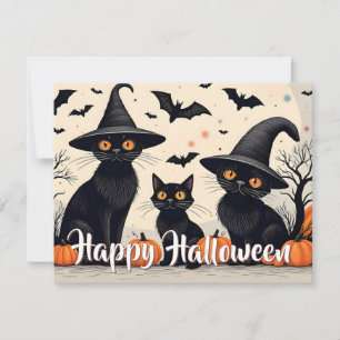 Carte Trois chats noirs avec des chapeaux pour Halloween