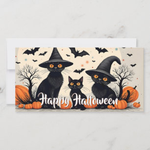 Carte Trois chats noirs avec des chapeaux pour Halloween