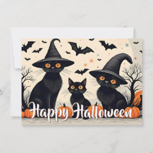Carte Trois chats noirs avec des chapeaux pour Halloween