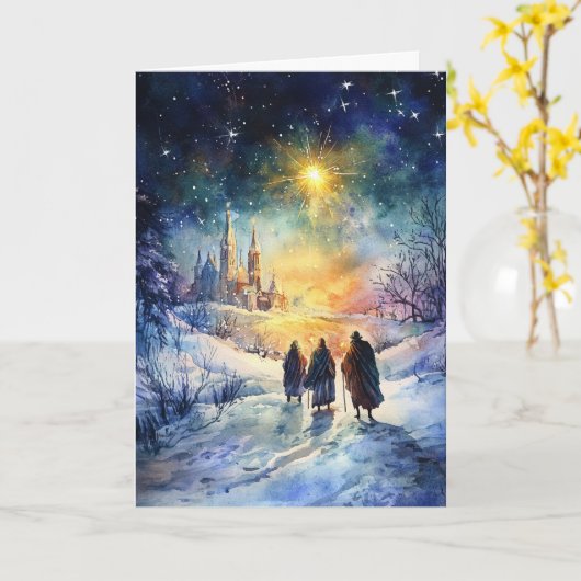Carte Trois Hommes Sages Voyageant Sous L'Étoile De Noël (Fleur jaune)