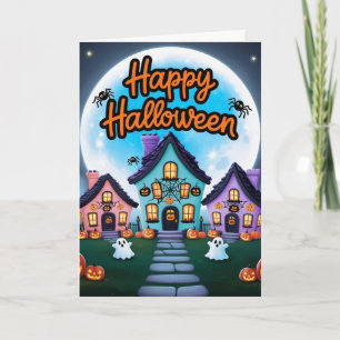 Carte Trois maisons d'halloween pleine lune kawaii