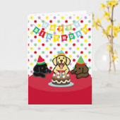 Carte Trois Marionnettes du Labrador fête d'anniversaire (Fleur jaune)