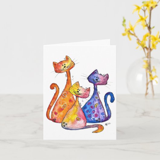 Carte Trois mignons chats Whimsical (Fleur jaune)