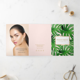 Carte Trois Volets Aquarelle Feuilles Tropicales de Monstera Rose Bro