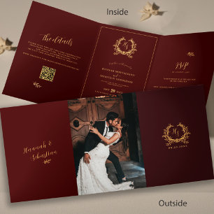 Carte Trois Volets Burgundy Monogramme Or Photo QR RSVP Mariage
