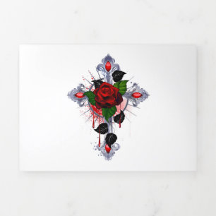 Carte Trois Volets Croix d'argent avec une rose rouge