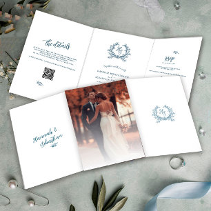 Carte Trois Volets Détail de mariage RSVP avec code QR photo bleu pou